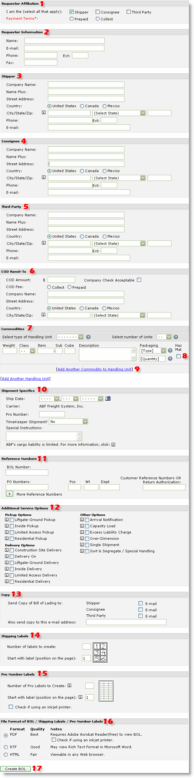 ABF Freight System, Inc. - Bill of Lading Info Page